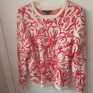 Tahari Red and Cream Floral Sweater